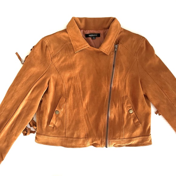 FAUX SUEDE FRINGE ASYMMETRICAL MOTO JACKET IN COGNAC BROWNISH-ORANGE Sz. LG/XL - Picture 9 of 12